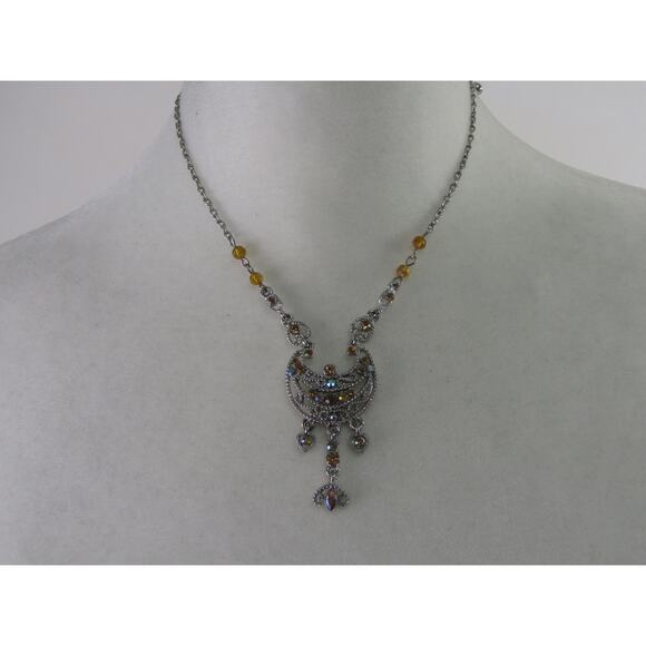VTG Necklace Art Deco Rhinestone Bead Silver Tone 18" Boho Cottagecore Whimsical - Picture 1 of 5